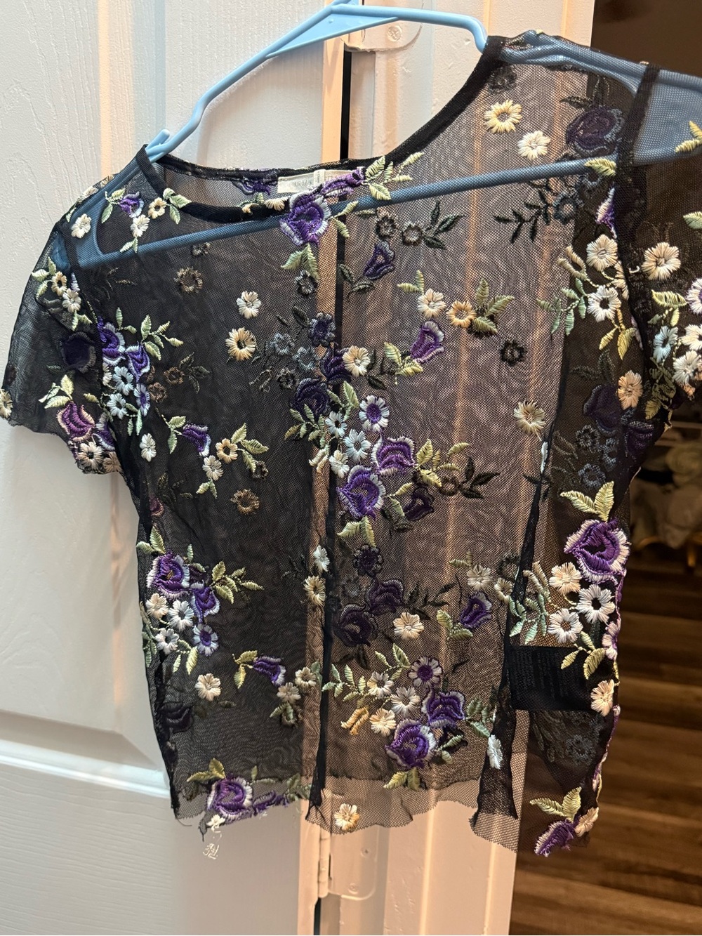 Urban Outfitters Black Sheer Mesh Top with Purple & Cream Floral Embroidery